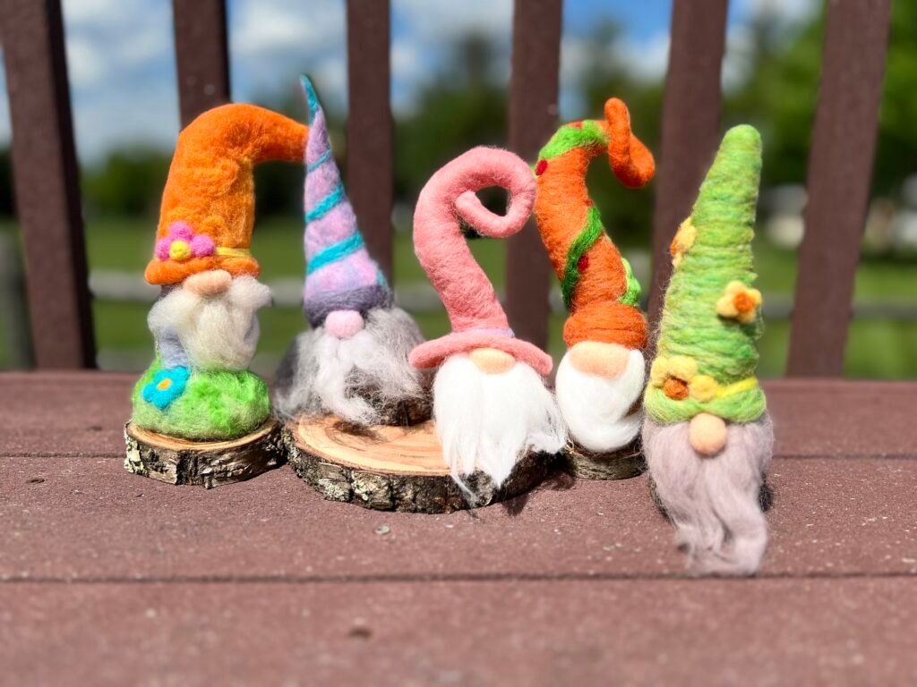 Fun colorful needle felted gnomes, perfect for spring and summer decor