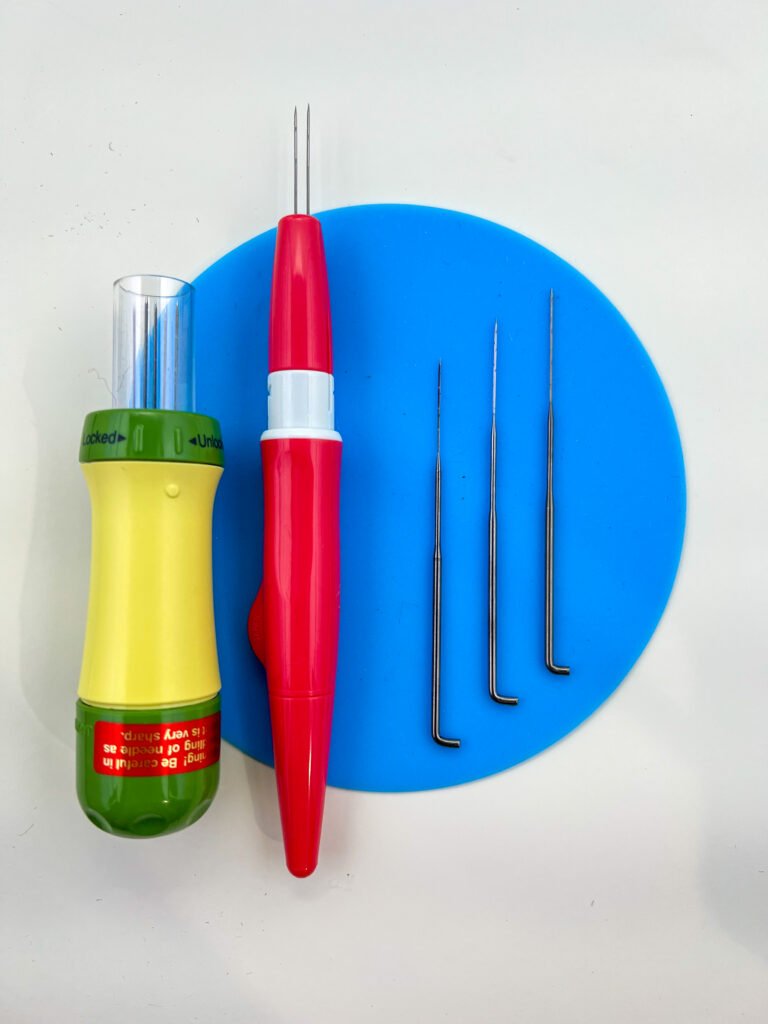 Special barbed needles are used for needle felting, needles can be singular or combined in a punch needle tool to help speed the process